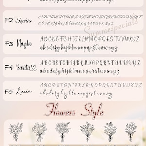 May include: Image showcasing lipstick bag font options and flower styles. Features five font styles labeled F1 through F5, each with uppercase and lowercase alphabets. Below, twelve floral bouquet illustrations are displayed, each labeled with a style number.