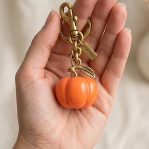 May include: A Coach brand keychain featuring a glossy orange pumpkin charm with a metallic stem and leaf. The charm is attached to a brass-toned lobster clasp and a split ring, with a small rectangular metal tag engraved with the Coach logo.