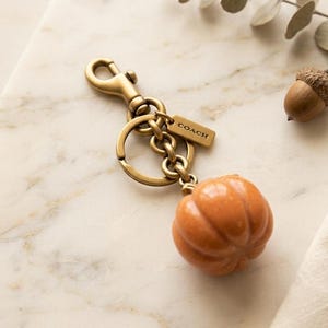 May include: A brass-toned metal keychain featuring a lobster clasp, a split ring, and a small rectangular tag embossed with the word COACH. Attached to the ring is a smooth, orange, pumpkin-shaped charm with vertical ridges and a glossy finish.