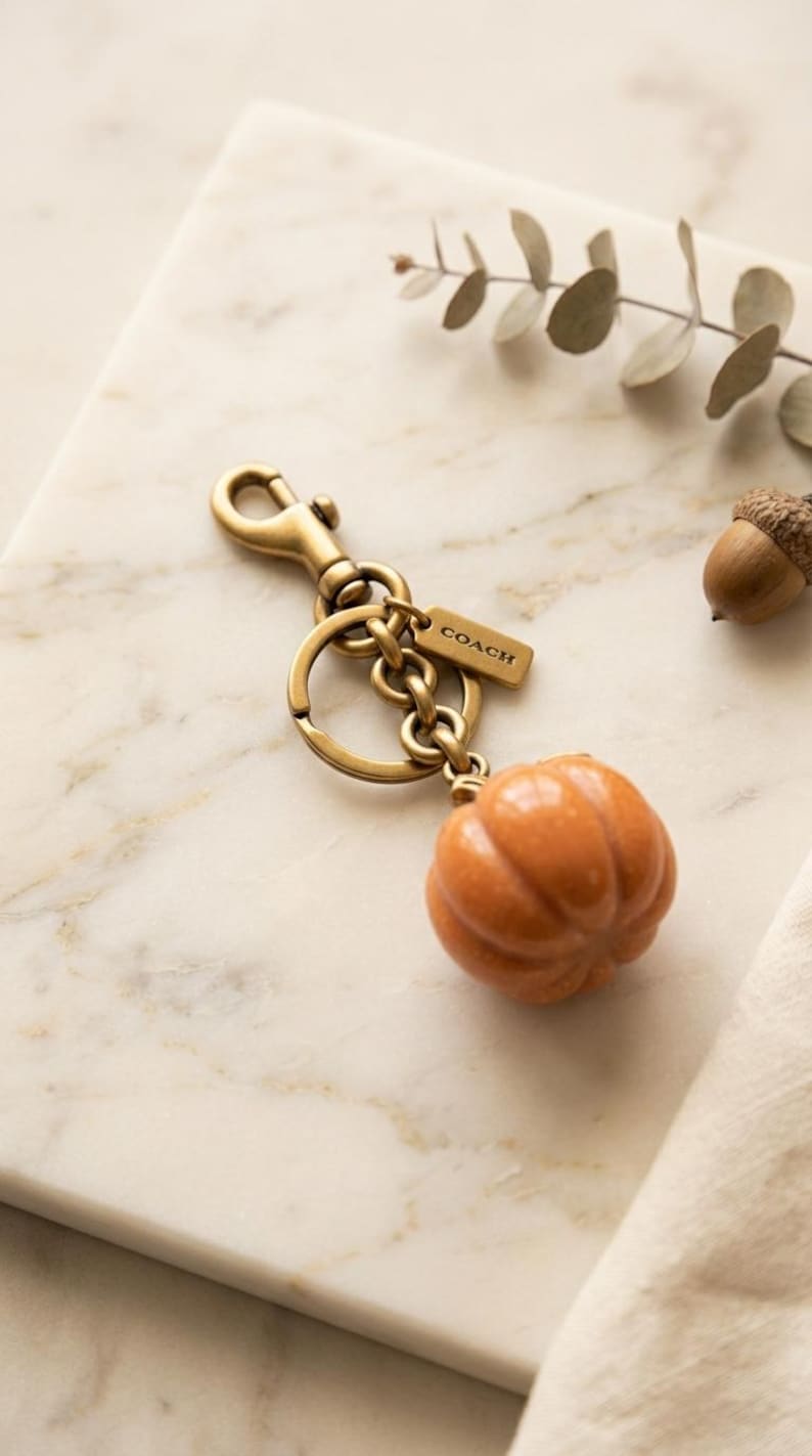 May include: A brass-toned metal keychain featuring a lobster clasp, a split ring, and a small rectangular tag embossed with the word COACH. Attached to the ring is a smooth, orange, pumpkin-shaped charm with vertical ridges and a glossy finish.