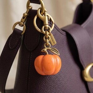 May include: A dark purple pebbled leather handbag featuring a gold-toned metal hardware clasp and a hanging bag charm. The charm consists of a glossy orange pumpkin pendant with a gold-toned leaf accent, attached to a gold-toned ring engraved with COACH.