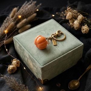 May include: A Coach brand keychain featuring a glossy orange pumpkin charm with a small metal leaf, attached to a brass-toned split ring and a rectangular tag embossed with the Coach logo, resting on a square, sage green velvet jewelry box.