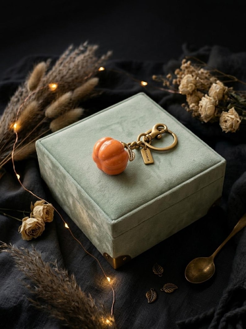 May include: A Coach brand keychain featuring a glossy orange pumpkin charm with a small metal leaf, attached to a brass-toned split ring and a rectangular tag embossed with the Coach logo, resting on a square, sage green velvet jewelry box.
