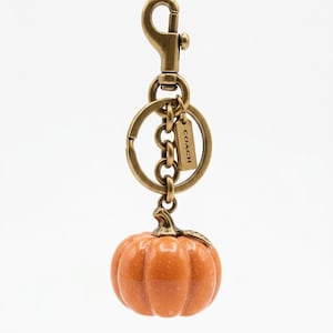 May include: A pumpkin-shaped charm keychain featuring a glossy orange pumpkin with a metallic stem and leaf. The charm is attached to a brass-toned metal split ring and a lobster clasp, with a small rectangular tag engraved with the word COACH.