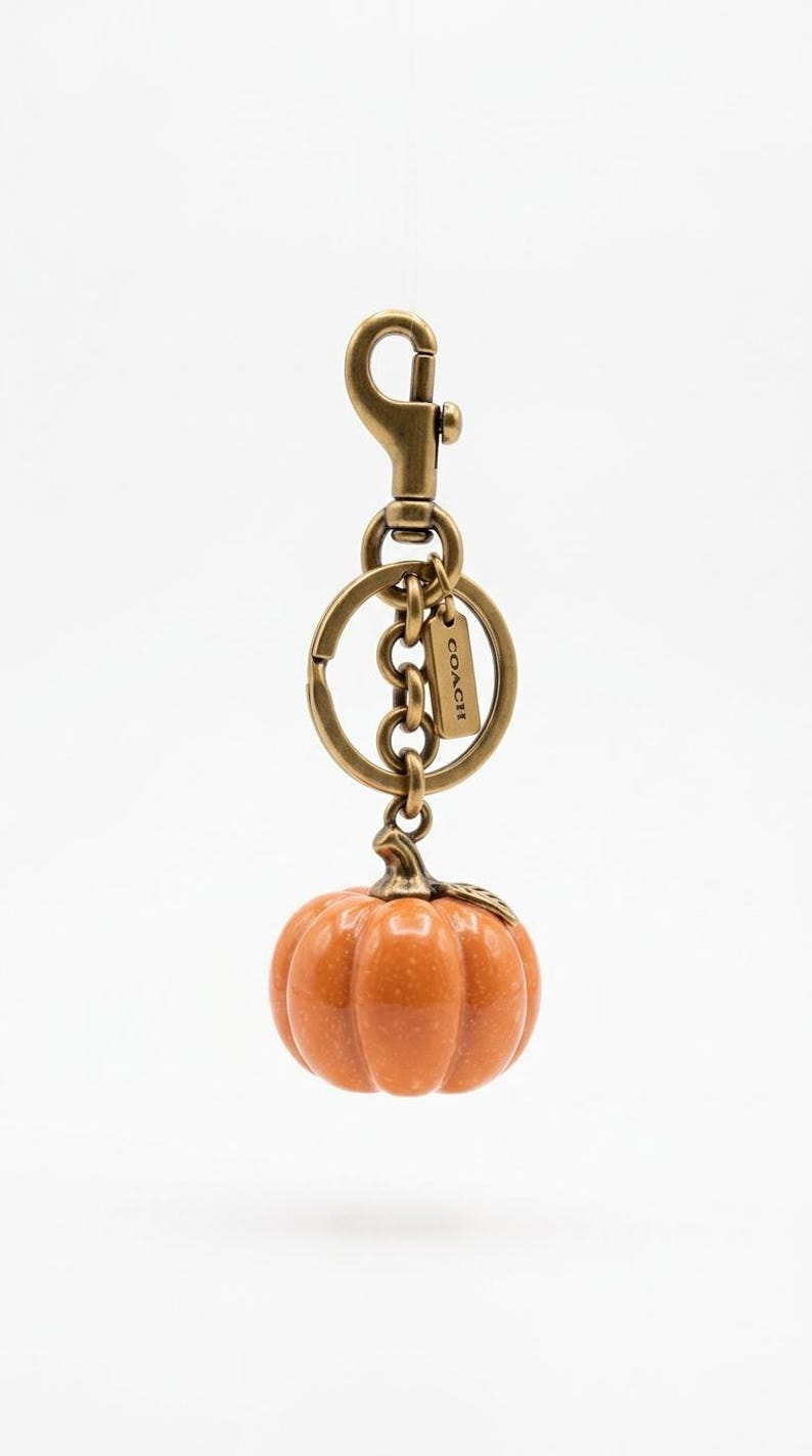 May include: A pumpkin-shaped charm keychain featuring a glossy orange pumpkin with a metallic stem and leaf. The charm is attached to a brass-toned metal split ring and a lobster clasp, with a small rectangular tag engraved with the word COACH.
