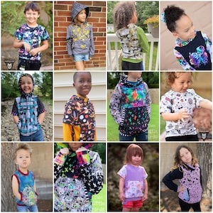 Puede incluir: Collage de diez fotos que muestran a niños usando diferentes estilos de sudaderas con capucha y camisetas con estampados coloridos y gráficos. El texto "Two Little Birds" aparece en dos de las sudaderas con capucha.