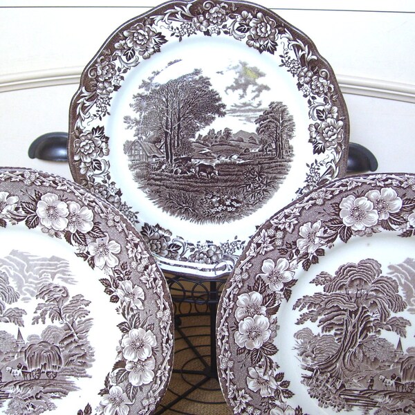 A Trio of Vintage Brown and White Transferware Plates - An Instant Collection