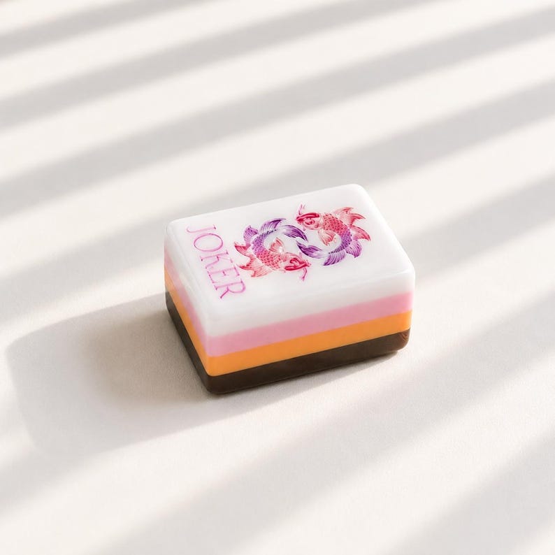 May include: A rectangular mahjong tile featuring a white top surface with a pink and purple koi fish graphic and the word JOKER printed in pink. The tile has a layered side profile consisting of a white, pink, orange, and dark brown base.