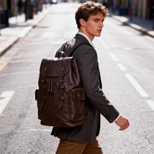 Puede incluir: Una mochila de cuero marrón oscuro con múltiples bolsillos y correas. La mochila tiene un cierre de cordón y detalles de hebilla. La mochila es llevada por una persona que lleva una blazer gris y pantalones marrones.