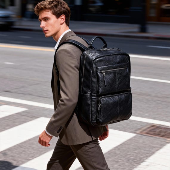 Black Embossed Leather Backpack,Luxury Laptop Rucksack,Full-Grain Travel Work Bag for Men Women