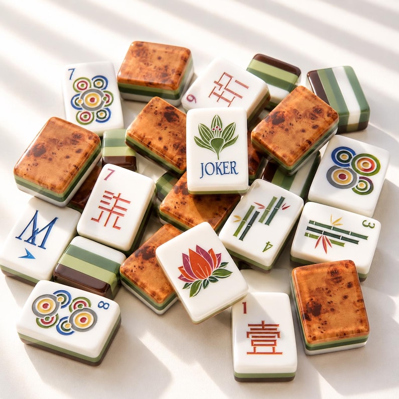 Acrylic American Mahjong Set, Luxury Crystal Mahjong Tiles, Modern Mahjong Gift Set for Home Game Night Wood Grain Style
