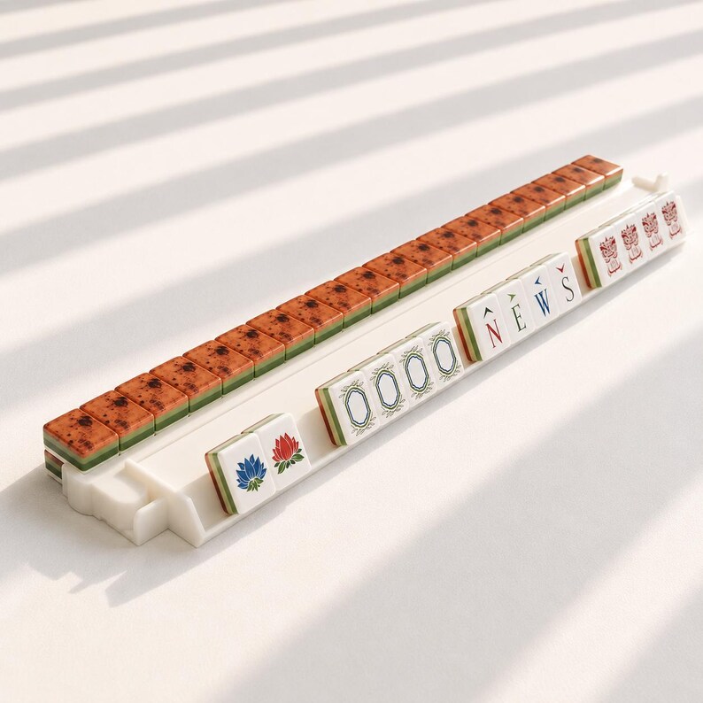 May include: A white plastic mahjong tile rack holding a row of tiles. The back row features brown speckled tiles, while the front row displays tiles with blue and red lotus flowers, green geometric frames, and the letters N, E, W, S with directional arrows.