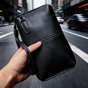 May include: Black leather wallet with a wrist strap. The rectangular wallet has white stitching and a zipper closure. The wrist strap is attached to the side with a metal clasp. The wallet is held against a blurred city background.