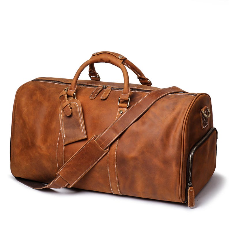 Weekendväska i oxskinn, handgjord personlig duffelväska. Vintage Brown