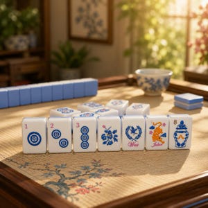 May include: A set of white mahjong tiles featuring blue and orange ink designs, including numbers one through three, floral patterns, a West wind tile, a Joker tile with a tiger illustration, and an eight tile with a vase graphic.