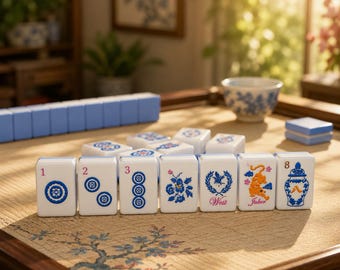 American Mahjong Tiles Set, Blue and White Porcelain Style Acrylic Mahjong Set, 160 Tiles, Gift Set for Home Game Night