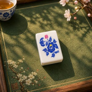 May include: A rectangular white mahjong tile featuring a detailed blue floral design with a small pink bud at the top and a yellow center. The tile has smooth, rounded edges and a glossy finish, displaying a clear, intricate botanical illustration.