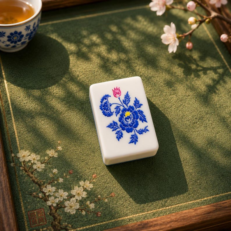 May include: A rectangular white mahjong tile featuring a detailed blue floral design with a small pink bud at the top and a yellow center. The tile has smooth, rounded edges and a glossy finish, displaying a clear, intricate botanical illustration.