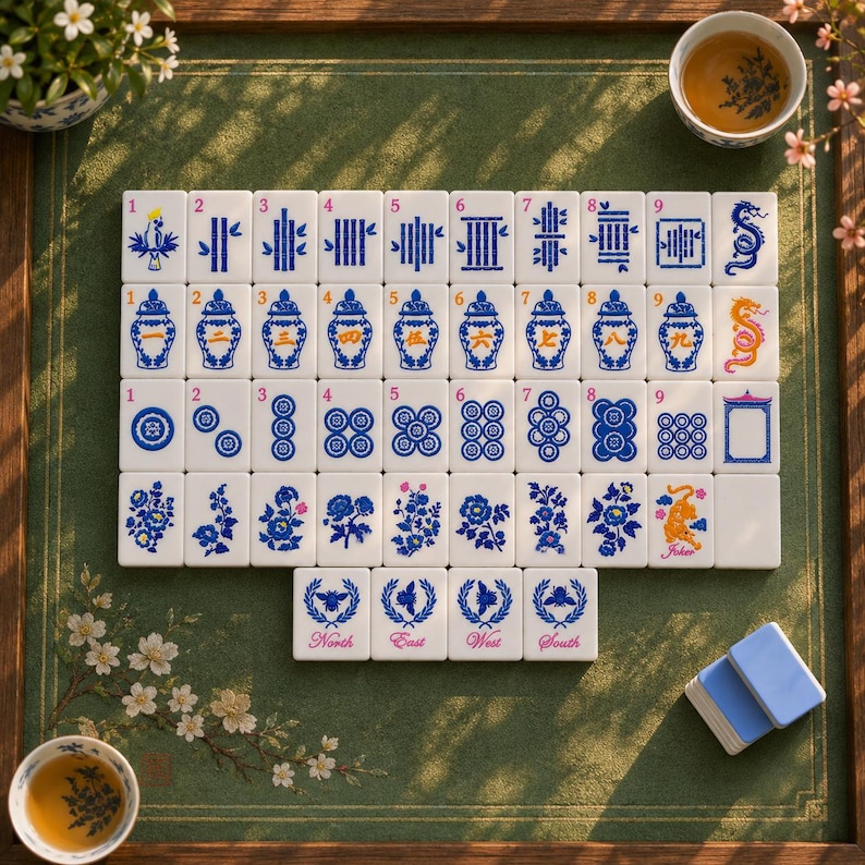 American Mahjong Tiles Set, Blue and White Porcelain Style Acrylic Mahjong Set, 160 Tiles, Gift Set for Home Game Night image 2