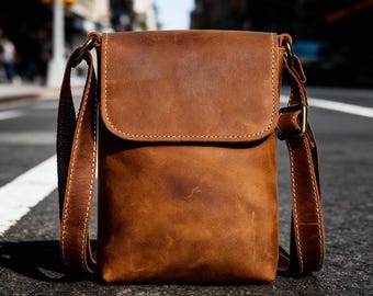 Borsa a tracolla vintage in vera pelle per telefono, piccola borsa a tracolla minimalista