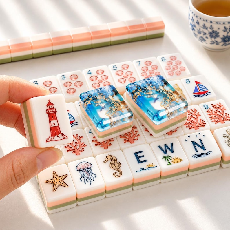 May include: A set of rectangular mahjong tiles featuring nautical and ocean-themed illustrations including a lighthouse, starfish, jellyfish, seahorse, coral, and sailboats. Two tiles feature a blue resin finish with gold flakes. Some tiles display letters E, W, N.