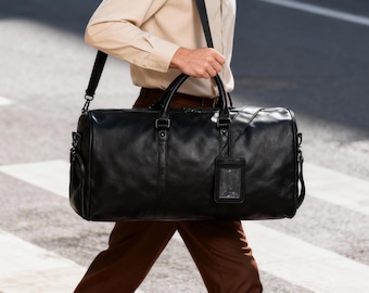 Personalized Leather Duffle , Handmade Cowhide Bag for Work Trips.