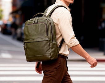 Luxury Green Leather Laptop Backpack ,15-Inch Full-Grain Travel Work Bag,Minimalist Rucksack