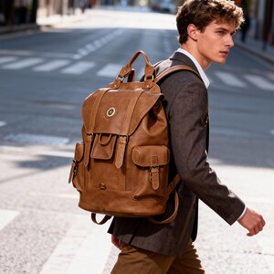 May include: A brown leather backpack with multiple pockets and a top handle. The backpack has a flap closure with buckles and a circular emblem on the front. The bag is worn by a person walking on a crosswalk.