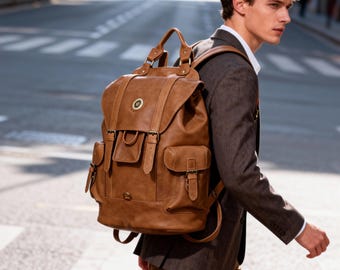 Leren rugzak, 16-inch laptoptas, caramel koffie zwart kerstcadeau-idee.