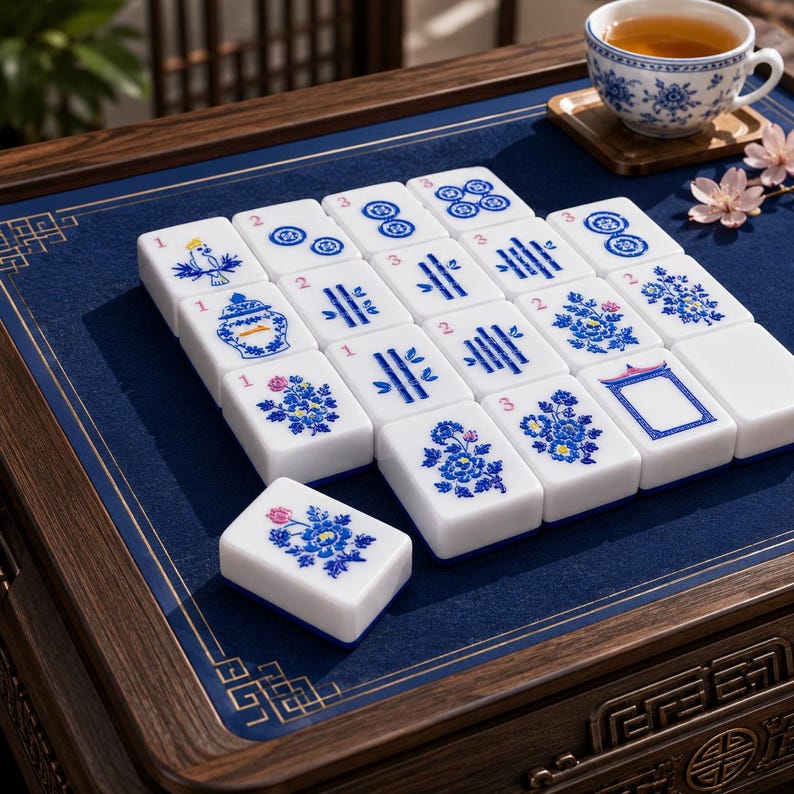 May include: A set of white mahjong tiles featuring blue and pink floral, bird, and bamboo patterns, arranged on a dark blue felt surface. Each tile displays intricate blue ink illustrations, including a small tea cup with a floral design nearby.