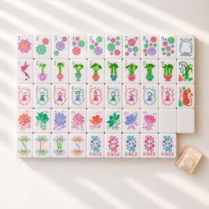 May include: A set of white rectangular mahjong tiles featuring colourful floral, bamboo, and character designs. The tiles include numbered suits, directional markers labelled N, E, W, S, and Joker tiles. One blank tile is positioned separately.