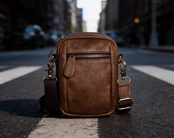 Genuine Leather Vintage Messenger Phone Bag with Adjustable Strap and Multi Carry Style