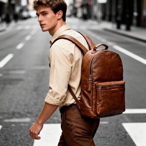 May include: A brown leather backpack with multiple compartments and a top handle. The backpack has a front zippered pocket and adjustable shoulder straps. The person in the image is wearing a tan shirt and brown pants.