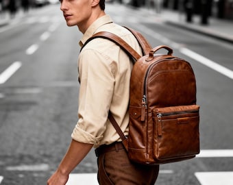 May include: A brown leather backpack with multiple compartments and a top handle. The backpack has a front zipped pocket and adjustable shoulder straps. The person in the image is wearing a beige shirt and brown trousers.