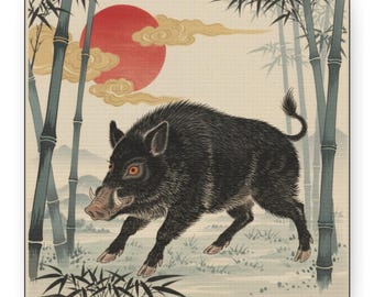 No Text Japanese Zodiac Boar Ukiyoe Style Canvas Wall Art Twelve Zodiac Animal Illustration Japanese Art