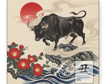 Japanese Zodiac Ox – Ukiyo-e Style Canvas Wall Art | Birth Year Symbol | Twelve Zodiac Series