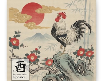Japanese Zodiac Rooster – Ukiyo-e Style Canvas Wall Art | Birth Year Symbol | Twelve Zodiac Series