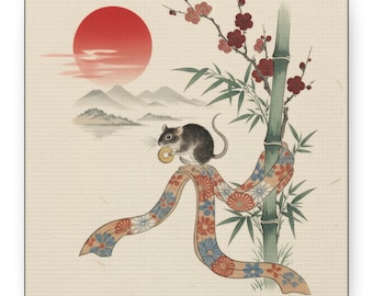 No Text Japanese Zodiac Rat Ukiyoe Style Canvas Wall Art Minimal Japanese Art