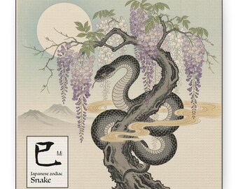 Japanese Zodiac Snake – Ukiyo-e Style Canvas Wall Art | Birth Year Symbol | Twelve Zodiac Series