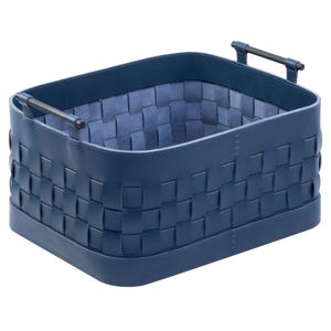 May include: A rectangular storage basket featuring a woven navy blue exterior and interior. The basket has a solid navy blue base and two dark gray horizontal handles attached to the top edges on opposite sides of the container.