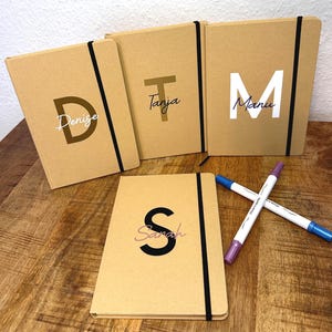 Op de afbeelding: Een verzameling gepersonaliseerde notitieboekjes met namen en initialen op de kaften. De notitieboekjes zijn bruin met zwarte elastische banden en bevatten namen als "Denise", "Tanja", "Manu" en "Sarah". Twee stiften zijn ook zichtbaar.