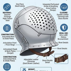 May include: Detailed diagram of a 16th-century perforated close-helm made of 18-gauge high-carbon steel. Features include an adjustable leather chinstrap, brass buckle, and full lattice visor. The helmet weighs approximately 7-8 lbs and is 12.5 inches in height.