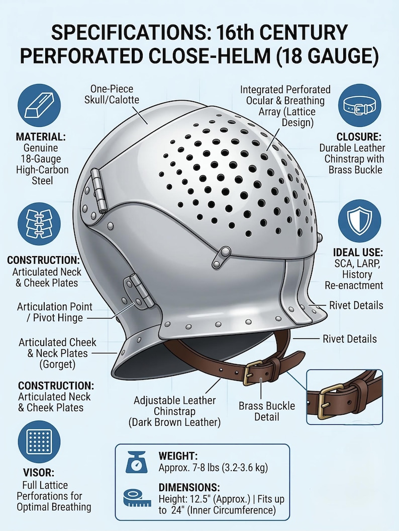 May include: Detailed diagram of a 16th-century perforated close-helm made of 18-gauge high-carbon steel. Features include an adjustable leather chinstrap, brass buckle, and full lattice visor. The helmet weighs approximately 7-8 lbs and is 12.5 inches in height.