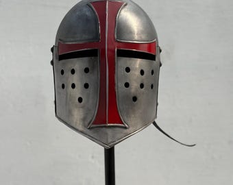18 Gauge Steel Crusader Helmet | Templar Helm with Red Cross, LARP Headgear