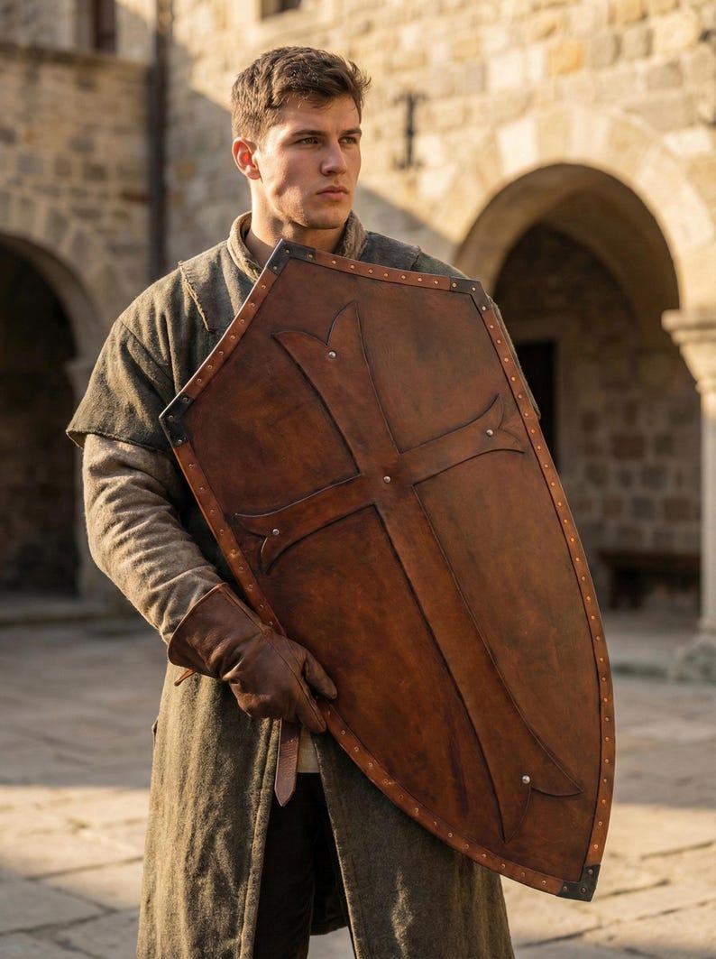 Leather-covered plywood templar shield with cross motif; crusader shield style, riveted edge for wall decor and medieval cosplay.