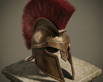 Handmade Spartan Helmet – Antique Bronze, Wearable Greek Armor with Red Crest