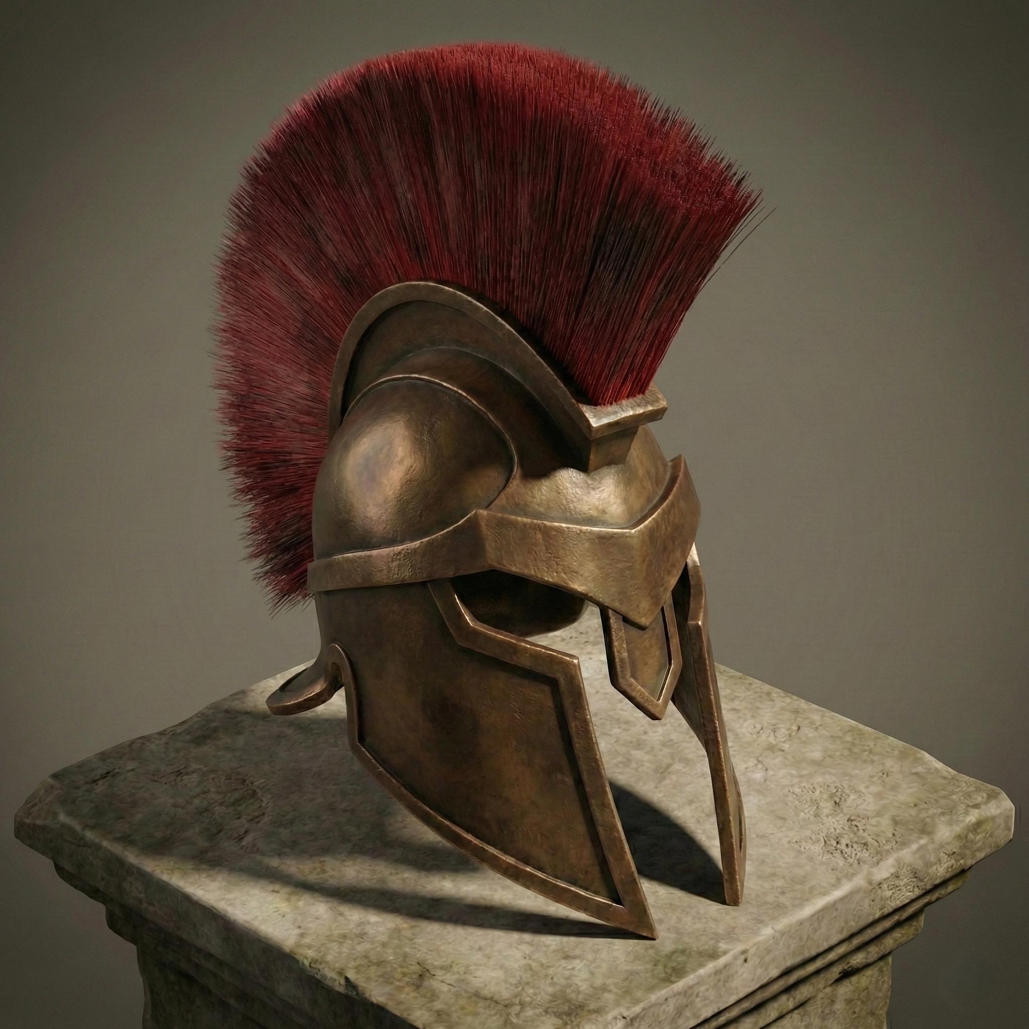 Handmade Spartan Helmet - Antique Bronze, Wearable Greek Armor with Red Crest