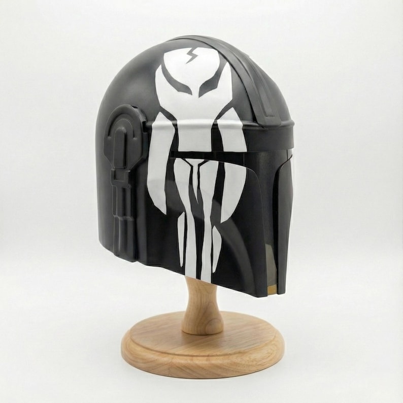 Hand-painted steel Mandalorian helmet in black with a bold red Mythosaur logo; cosplay armor style for fans.