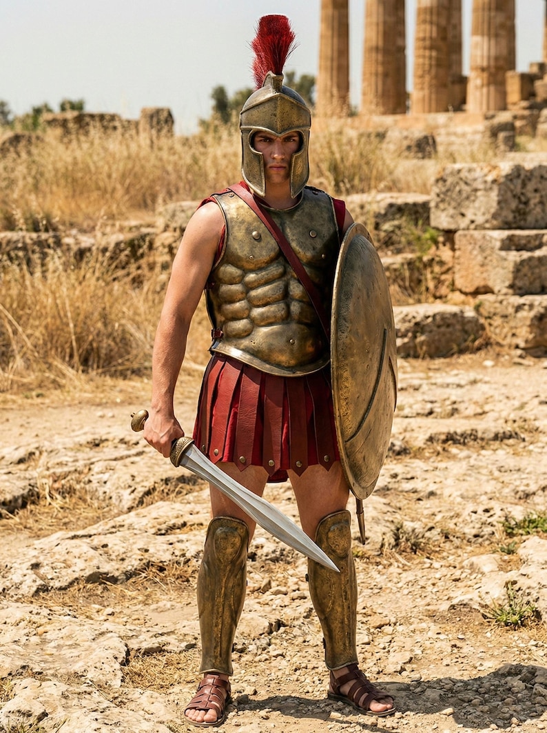 Handcrafted Spartan Helmet with Silk Nylon Plume & Wooden Stand | 18 Gauge Steel | Premium Patina Finish Ancient Greek Warrior Armor