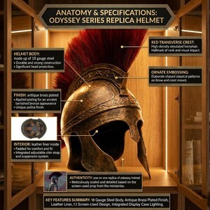 May include: An Odyssey Series replica helmet featuring an 18-gauge steel body with an antique brass plated finish, a red transverse crest made of high-density simulated horsehair, ornate embossed patterns, and an interior leather liner with a chin strap.